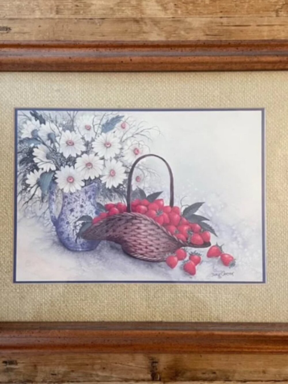 Vintage Framed Still Life Art Print, Daisies & Strawberry Basket